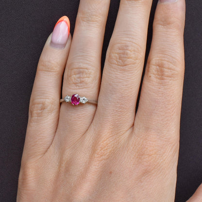 Antique Ruby and Diamond 18ct White Gold Three Stone Trilogy Ring