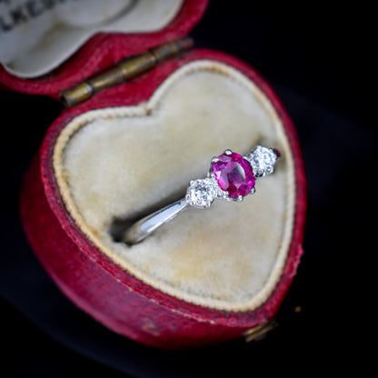 Antique Ruby and Diamond 18ct White Gold Three Stone Trilogy Ring