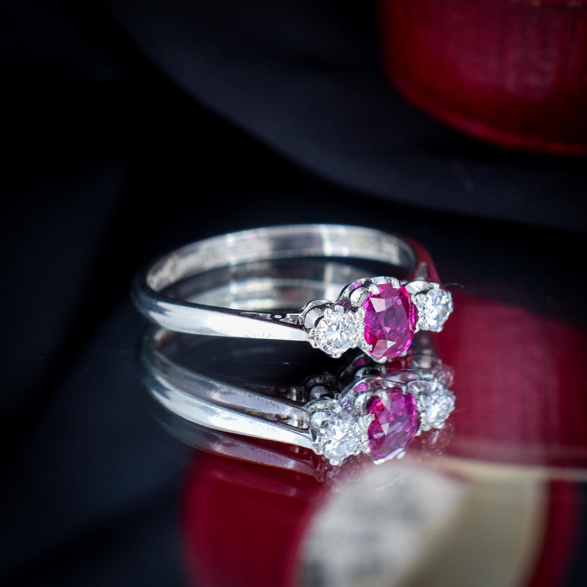 Antique Ruby and Diamond 18ct White Gold Three Stone Trilogy Ring