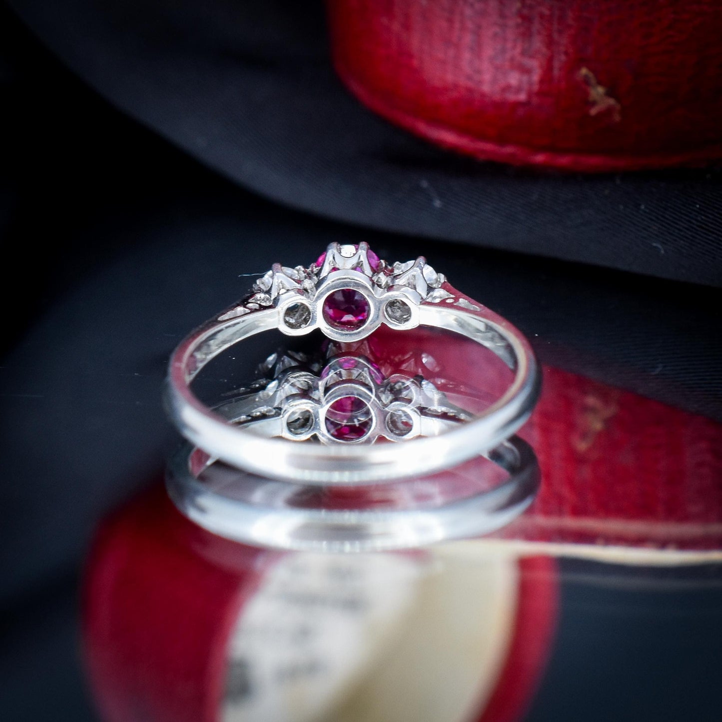 Antique Ruby and Diamond 18ct White Gold Three Stone Trilogy Ring