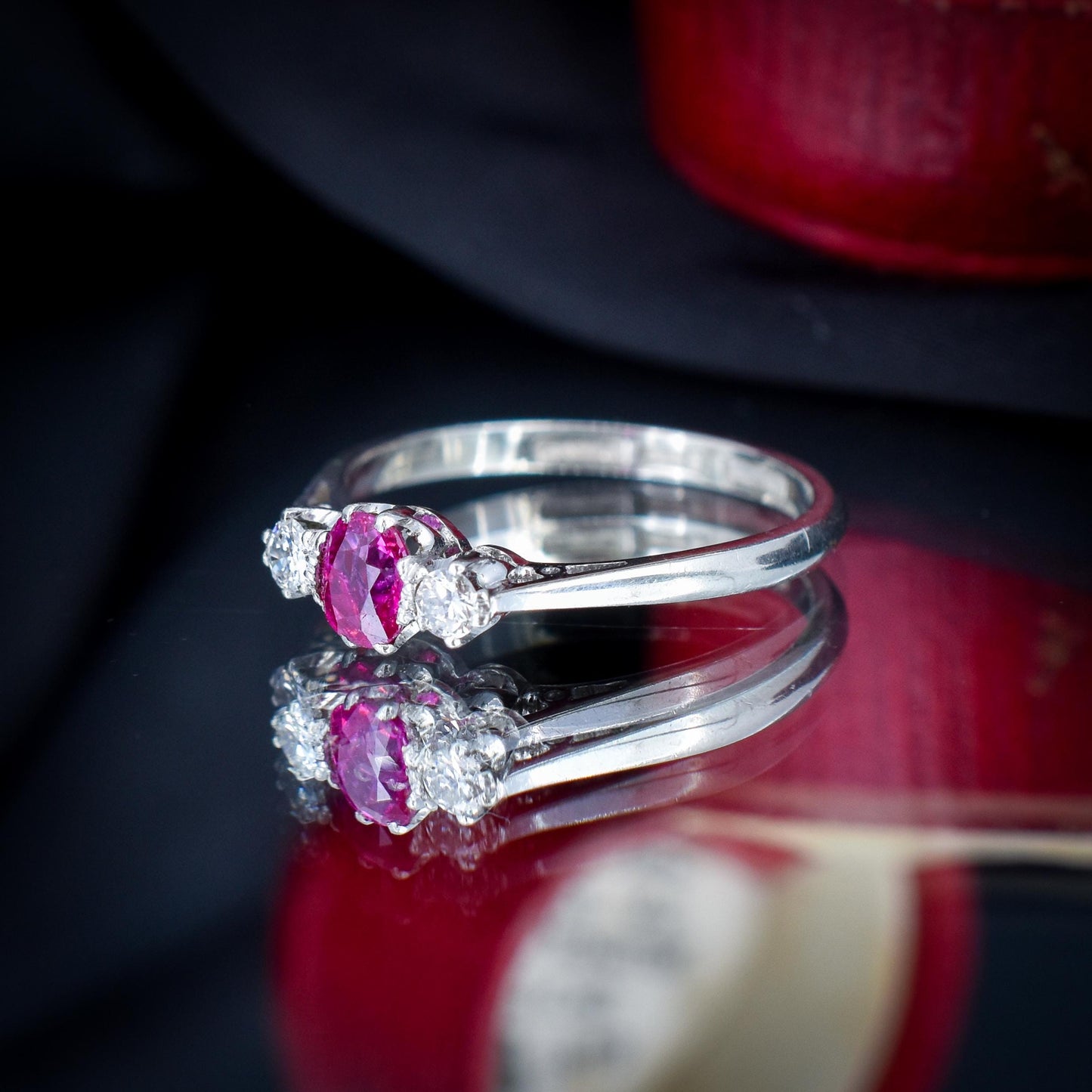 Antique Ruby and Diamond 18ct White Gold Three Stone Trilogy Ring