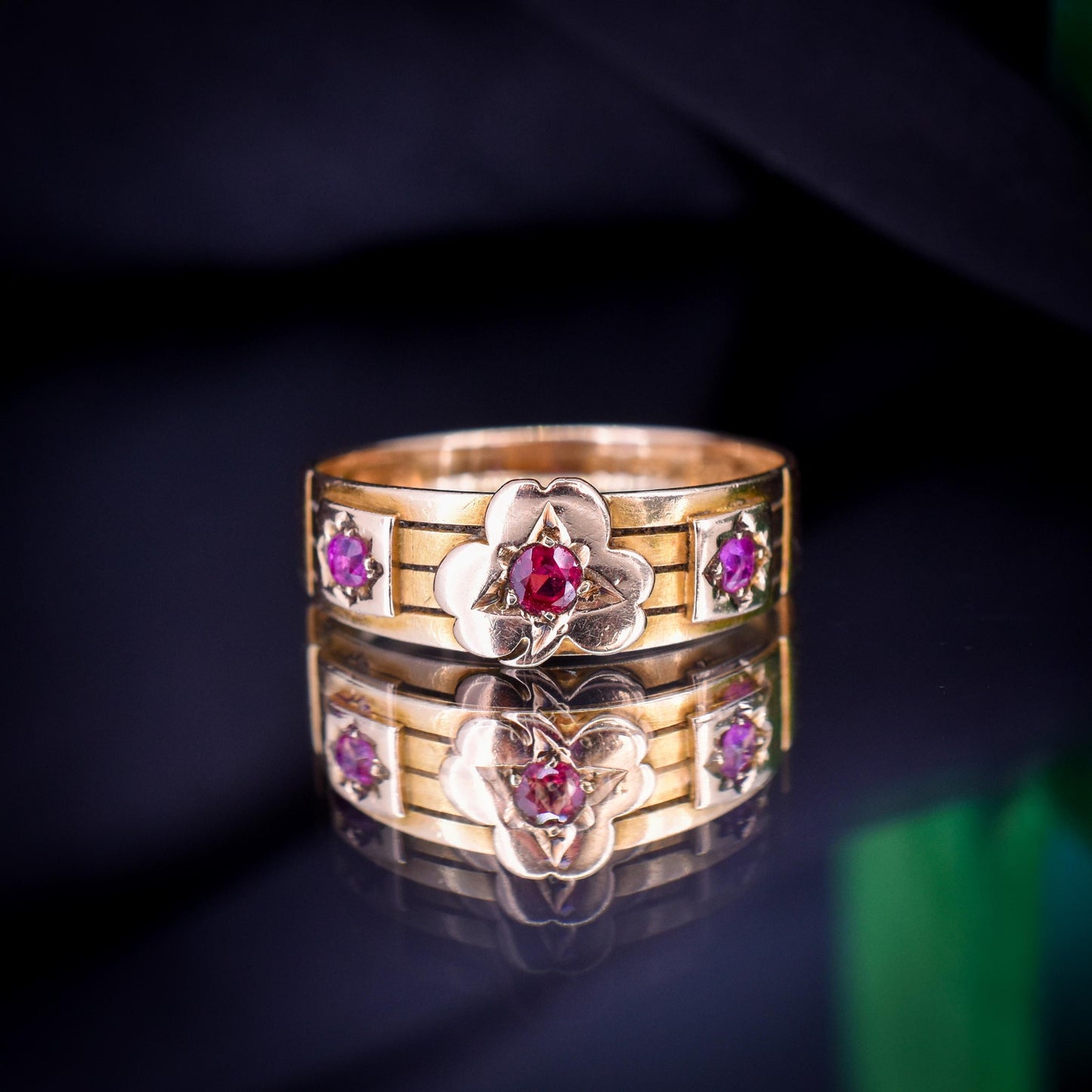 Antique Ruby Three Stone 15ct Gold Clover Gypsy Ring | Birmingham 1885