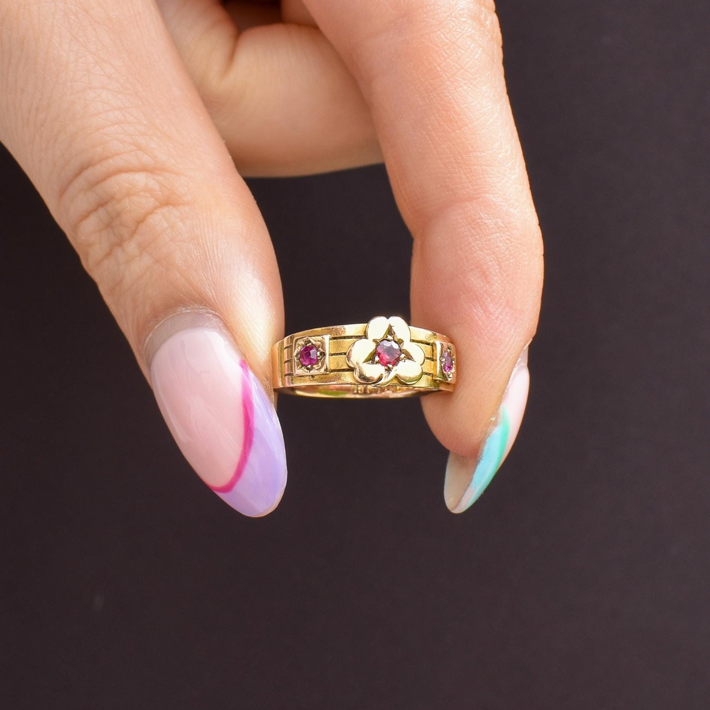 Antique Ruby Three Stone 15ct Gold Clover Gypsy Ring | Birmingham 1885