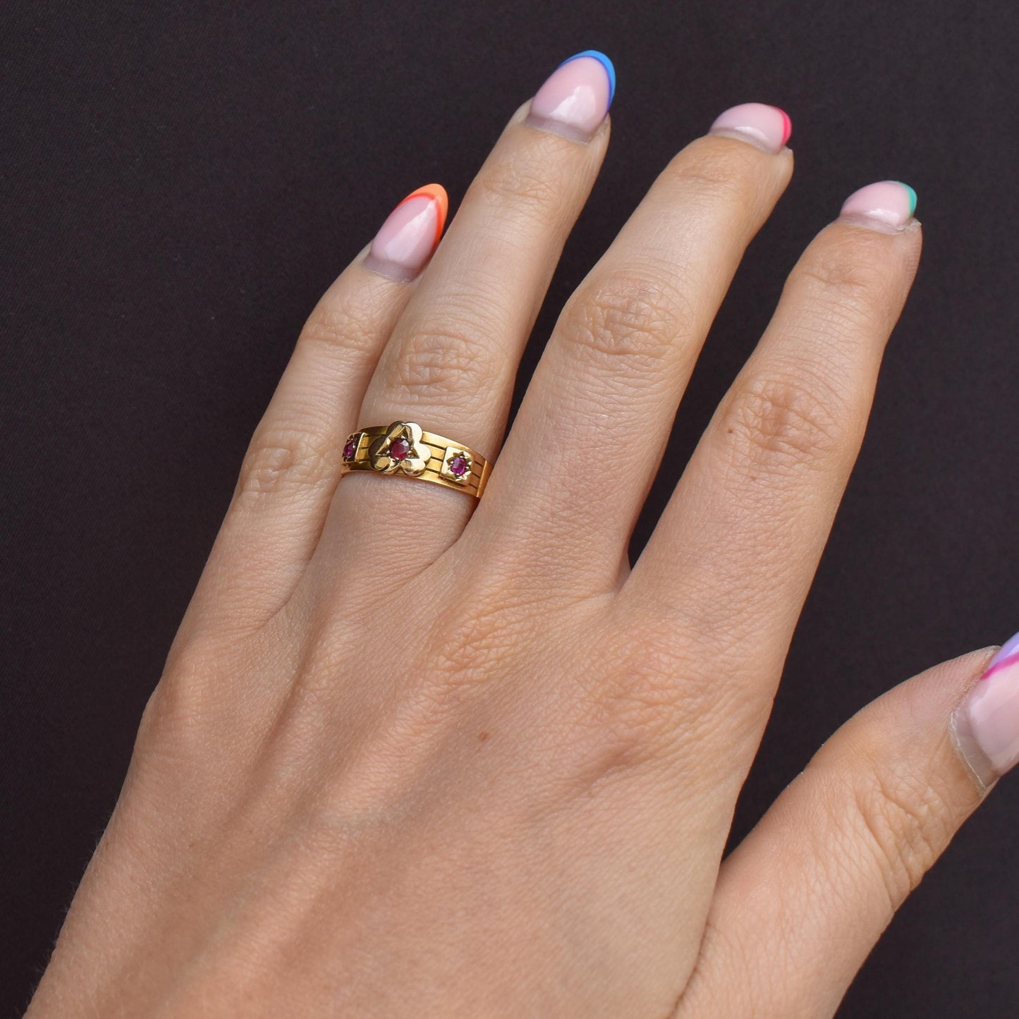 Antique Ruby Three Stone 15ct Gold Clover Gypsy Ring | Birmingham 1885