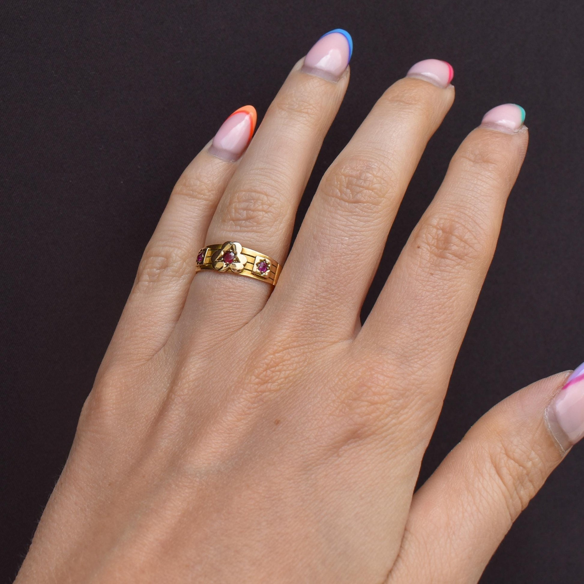 Antique Ruby Three Stone 15ct Gold Clover Gypsy Ring | Birmingham 1885