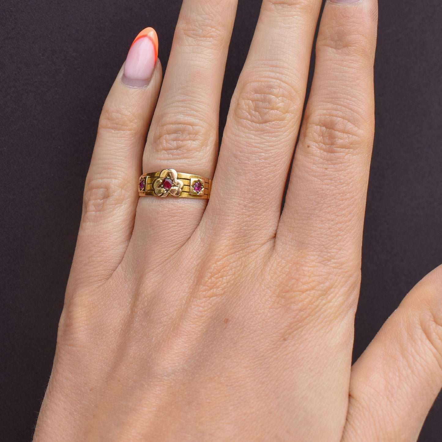 Antique Ruby Three Stone 15ct Gold Clover Gypsy Ring | Birmingham 1885