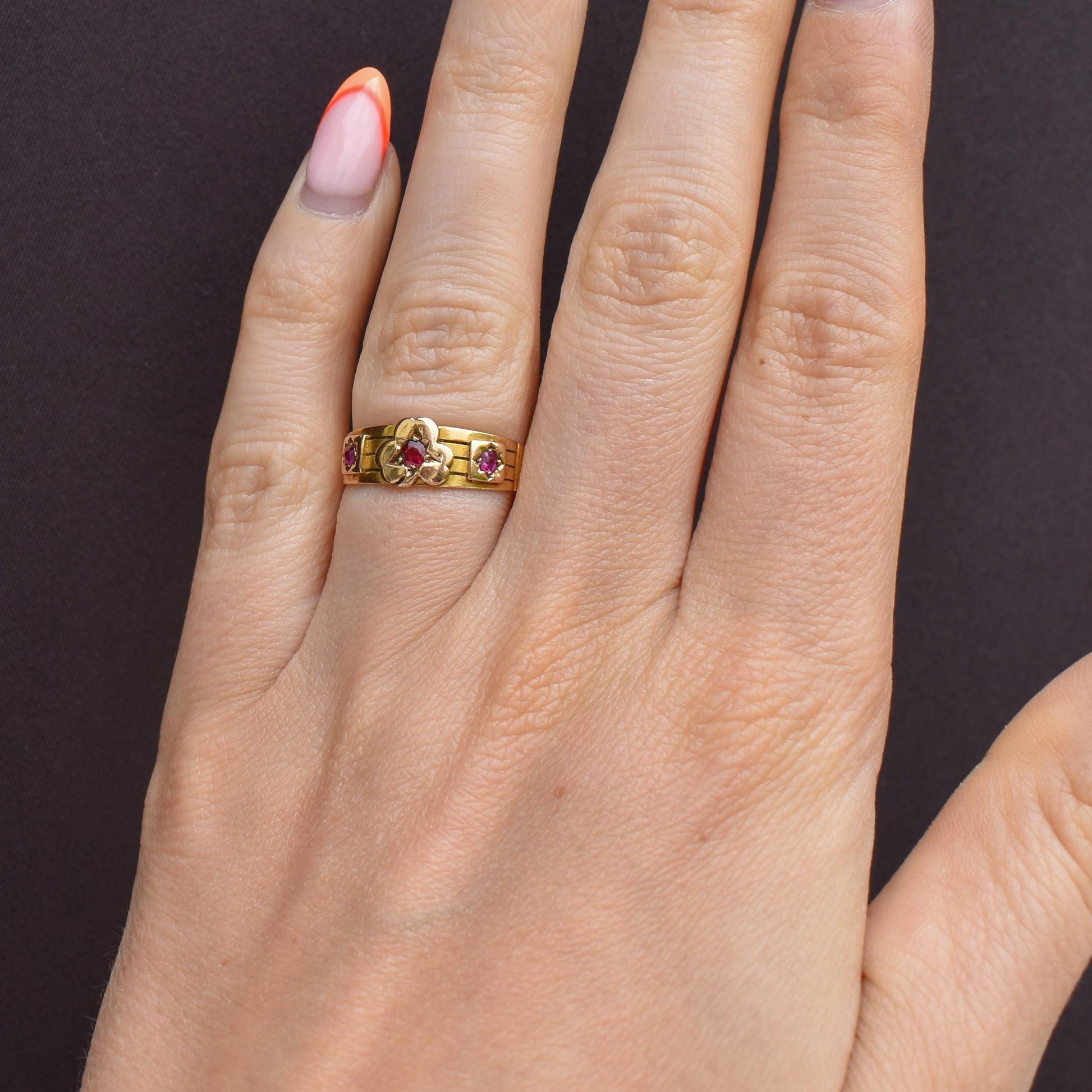Antique Ruby Three Stone 15ct Gold Clover Gypsy Ring | Birmingham 1885