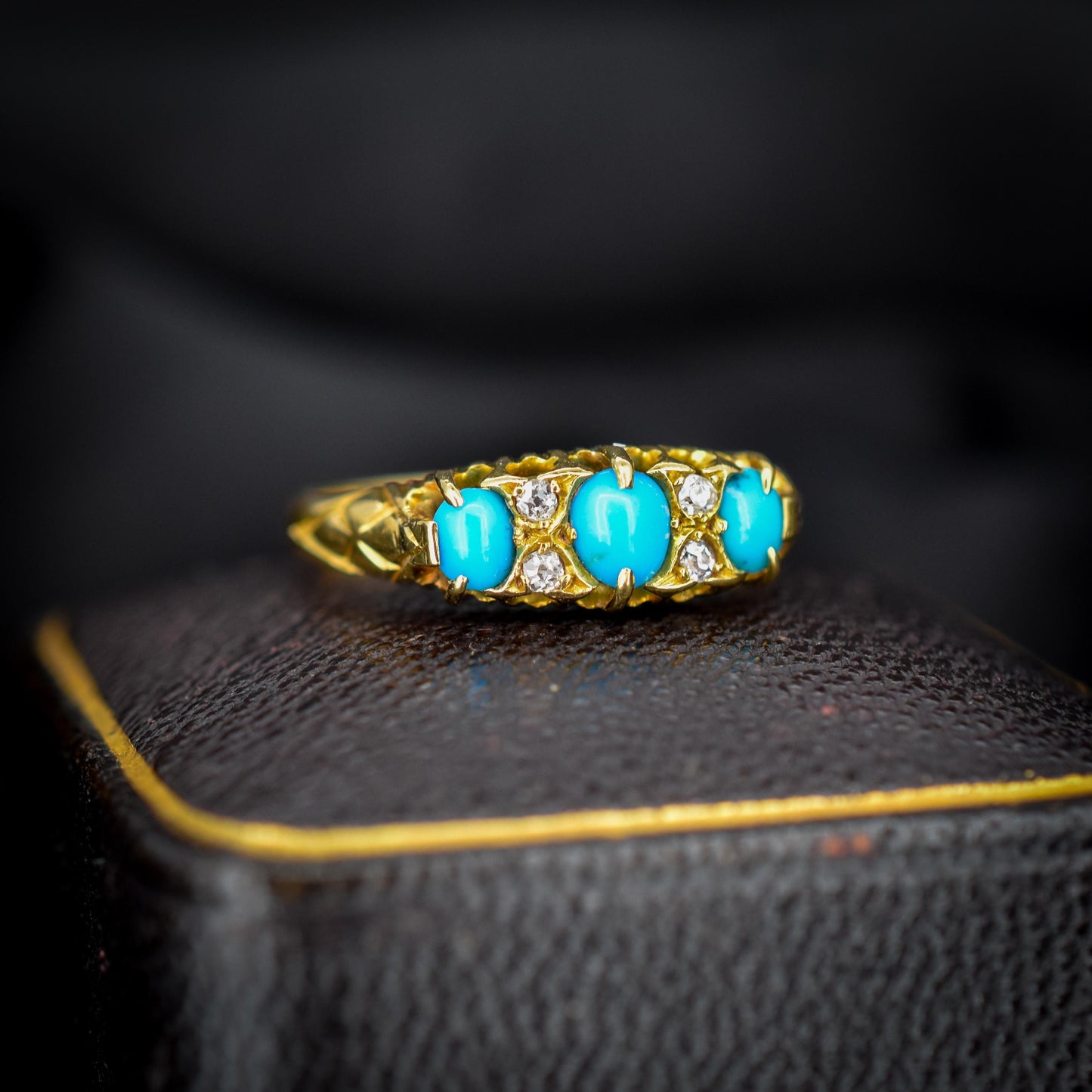 Antique Turquoise and Diamond Scroll Boat 18ct Gold Ring | Chester 1905