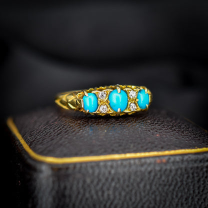 Antique Turquoise and Diamond Scroll Boat 18ct Gold Ring | Chester 1905