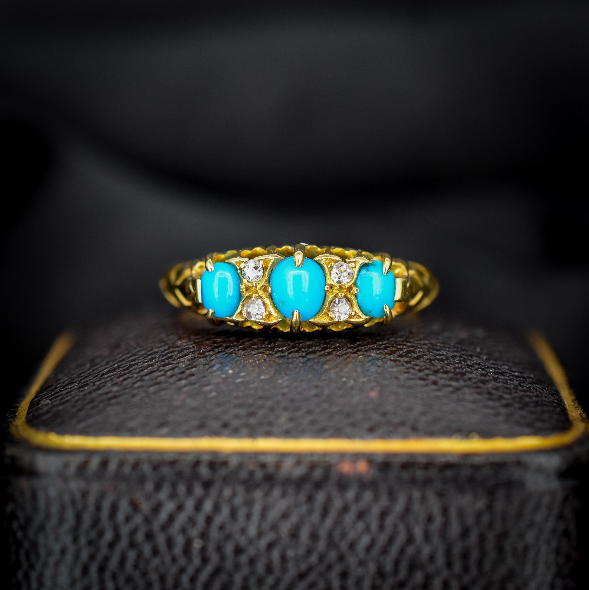 Antique Turquoise and Diamond Scroll Boat 18ct Gold Ring | Chester 1905