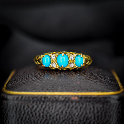 Antique Turquoise and Diamond Scroll Boat 18ct Gold Ring | Chester 1905