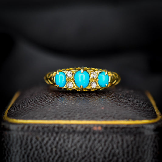 Antique Turquoise and Diamond Scroll Boat 18ct Gold Ring | Chester 1905