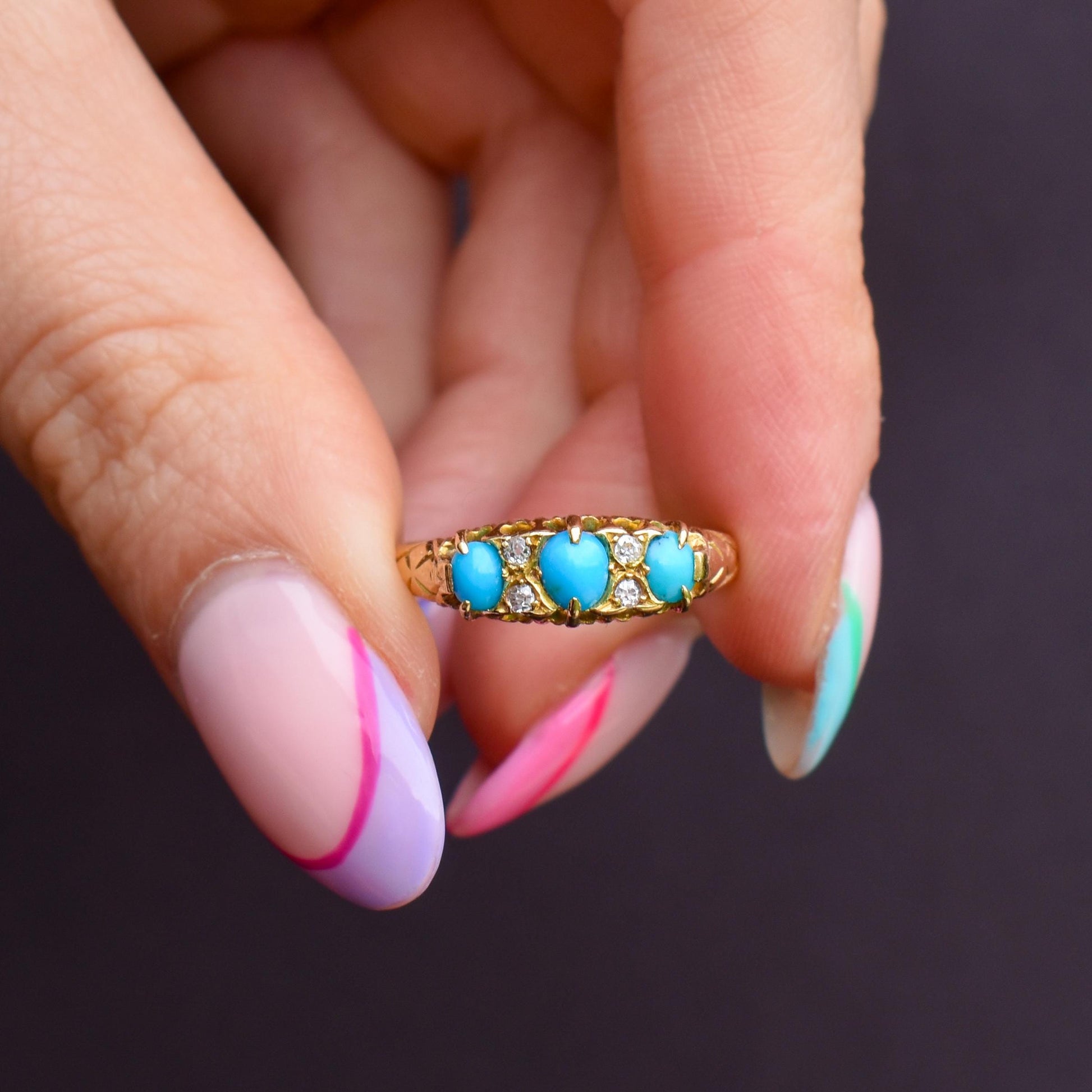Antique Turquoise and Diamond Scroll Boat 18ct Gold Ring | Chester 1905