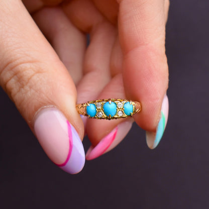 Antique Turquoise and Diamond Scroll Boat 18ct Gold Ring | Chester 1905