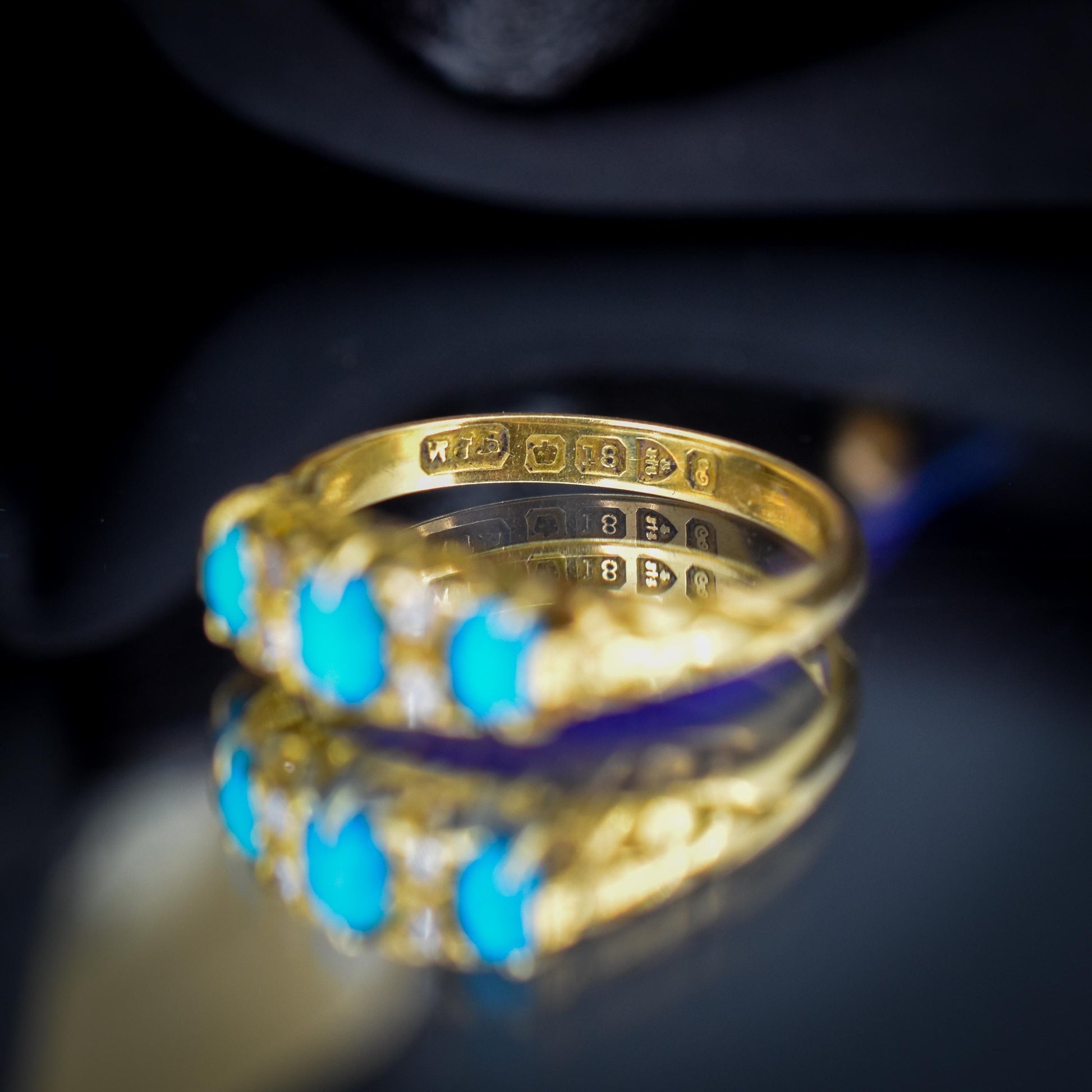 Antique Turquoise and Diamond Scroll Boat 18ct Gold Ring | Chester 1905