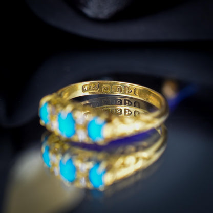Antique Turquoise and Diamond Scroll Boat 18ct Gold Ring | Chester 1905