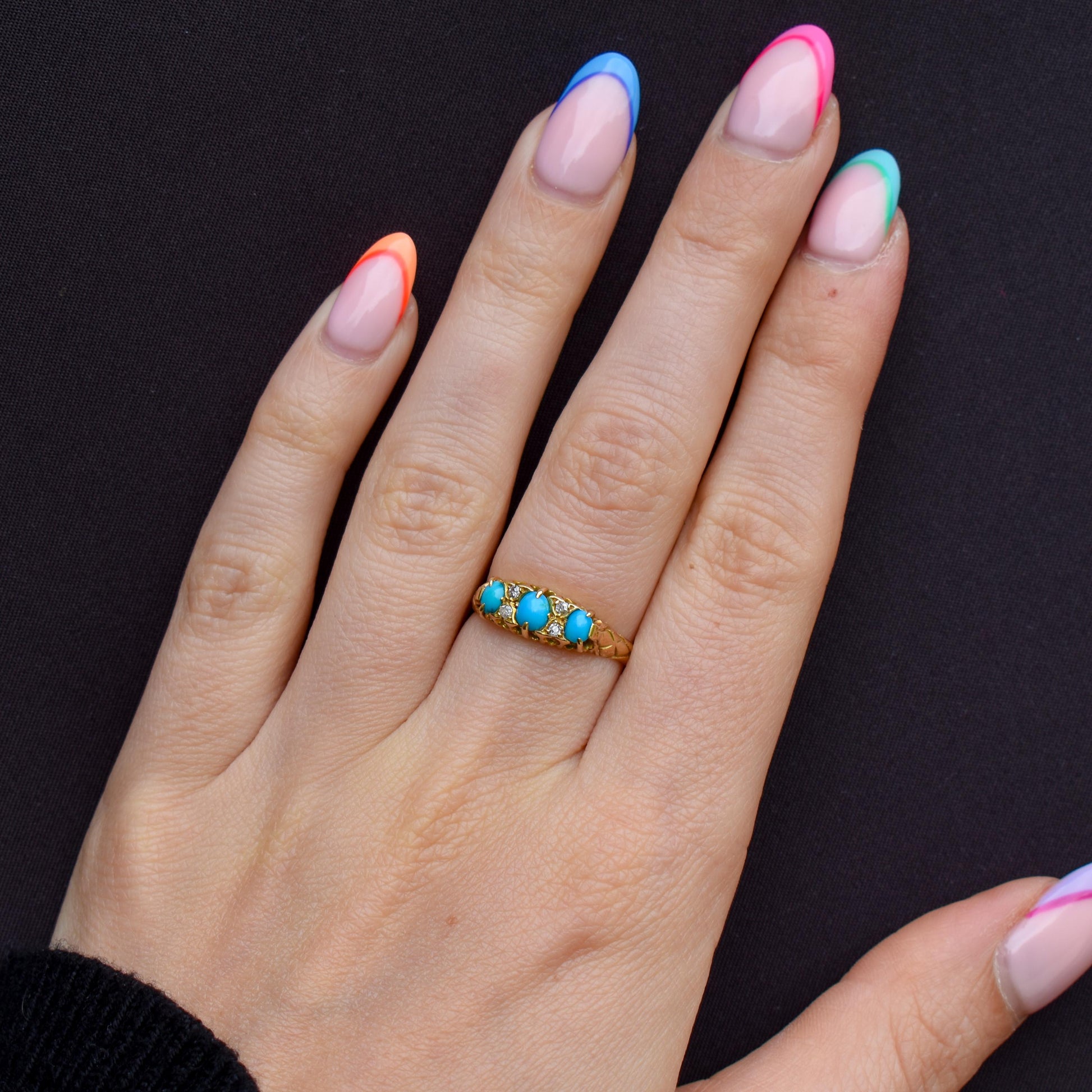 Antique Turquoise and Diamond Scroll Boat 18ct Gold Ring | Chester 1905