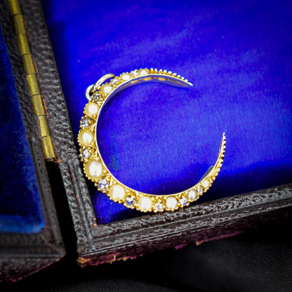 Antique Victorian 15ct Gold Pearl Diamond Crescent Moon Pendant