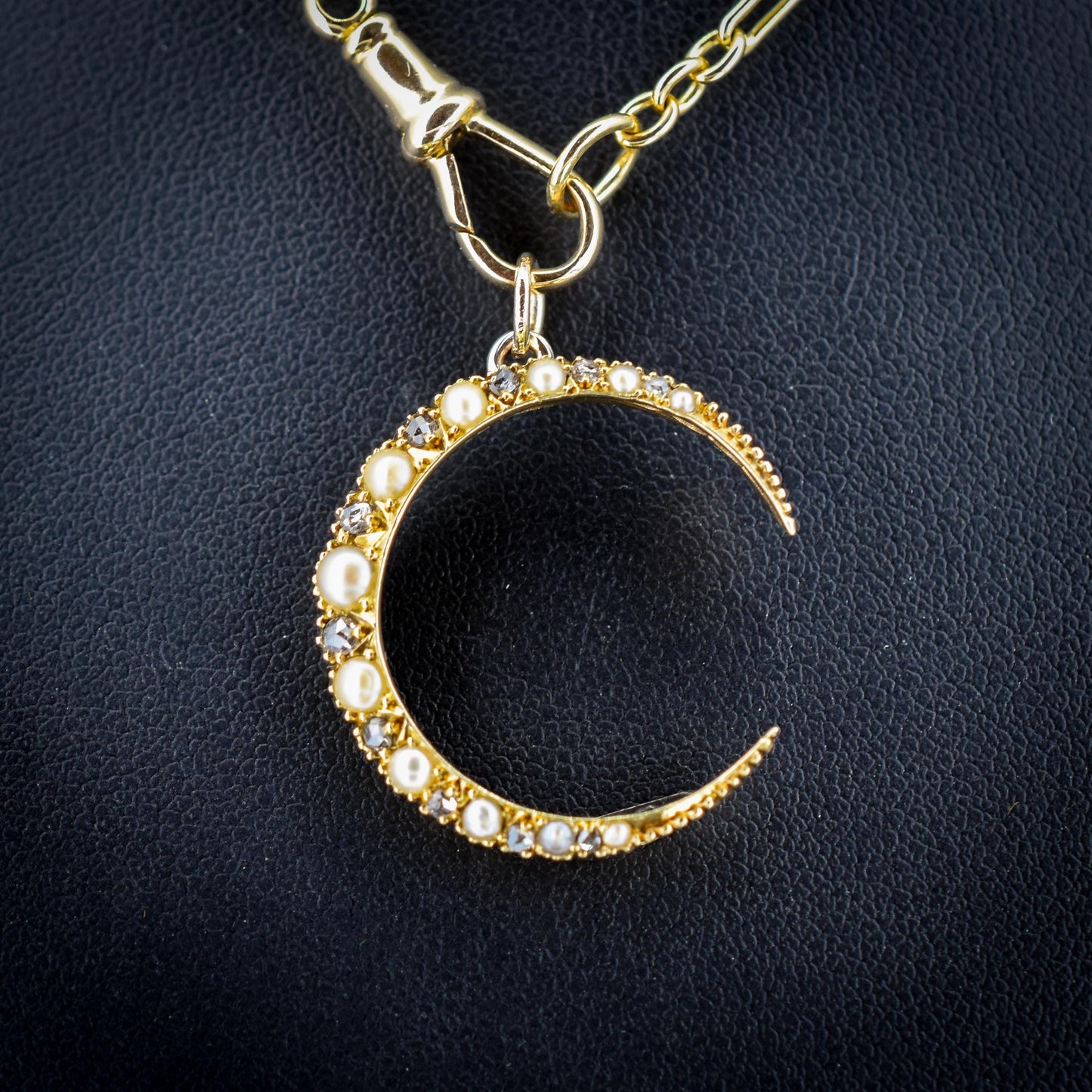 Antique Victorian 15ct Gold Pearl Diamond Crescent Moon Pendant