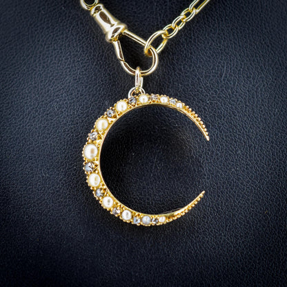Antique Victorian 15ct Gold Pearl Diamond Crescent Moon Pendant