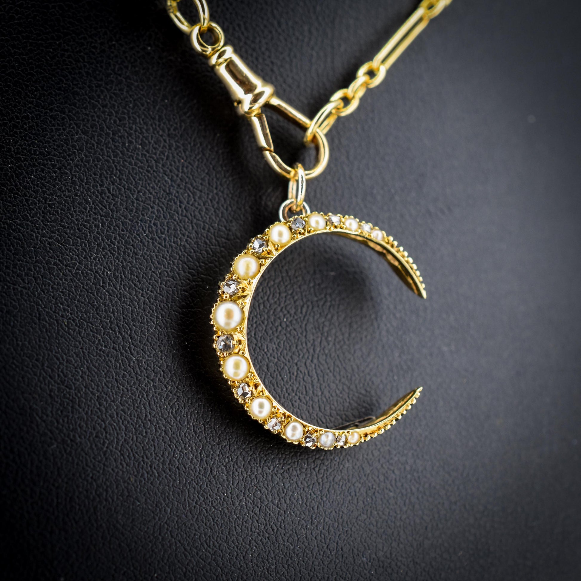 Antique Victorian 15ct Gold Pearl Diamond Crescent Moon Pendant