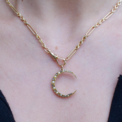 Antique Victorian 15ct Gold Pearl Diamond Crescent Moon Pendant