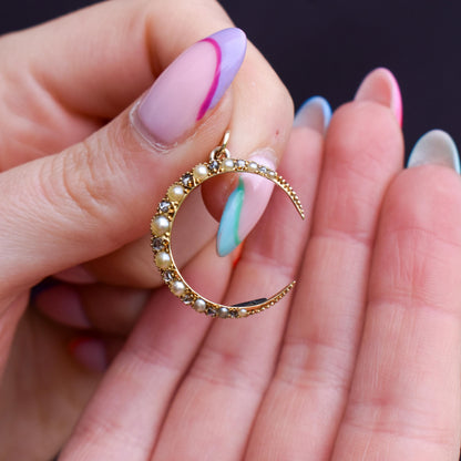 Antique Victorian 15ct Gold Pearl Diamond Crescent Moon Pendant