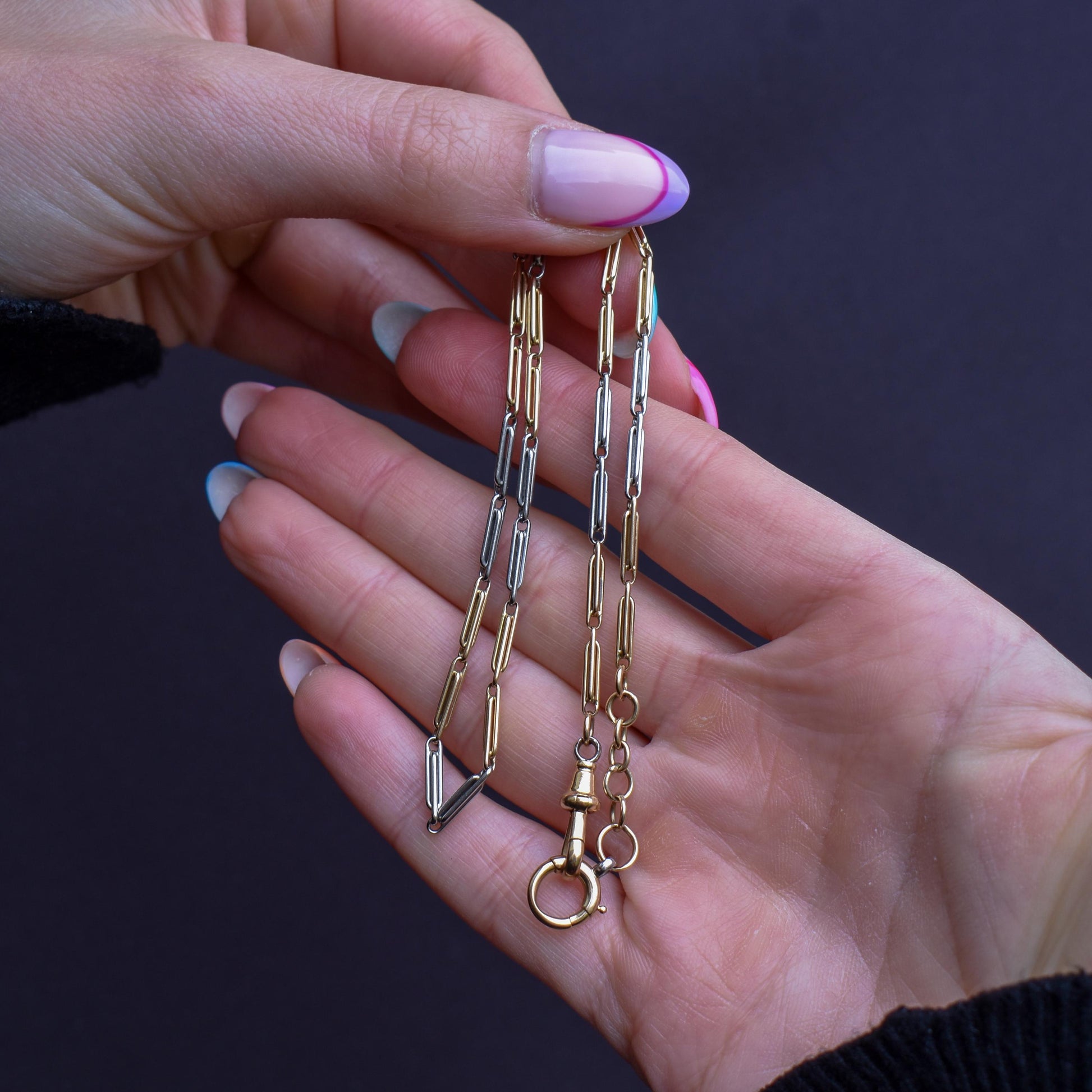 Antique 18ct Gold and Platinum Chain Necklace with Dog Clip and Bolt Ring | 15"