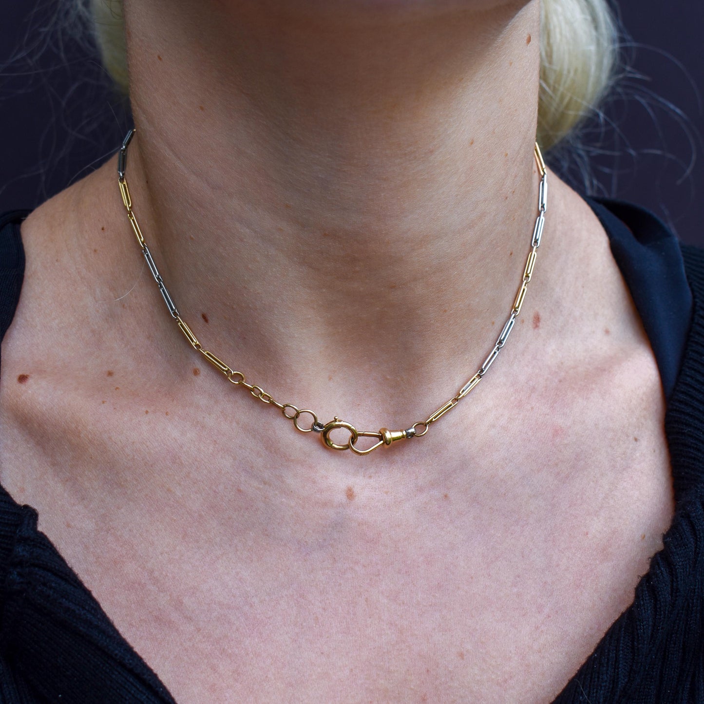 Antique 18ct Gold and Platinum Chain Necklace with Dog Clip and Bolt Ring | 15"
