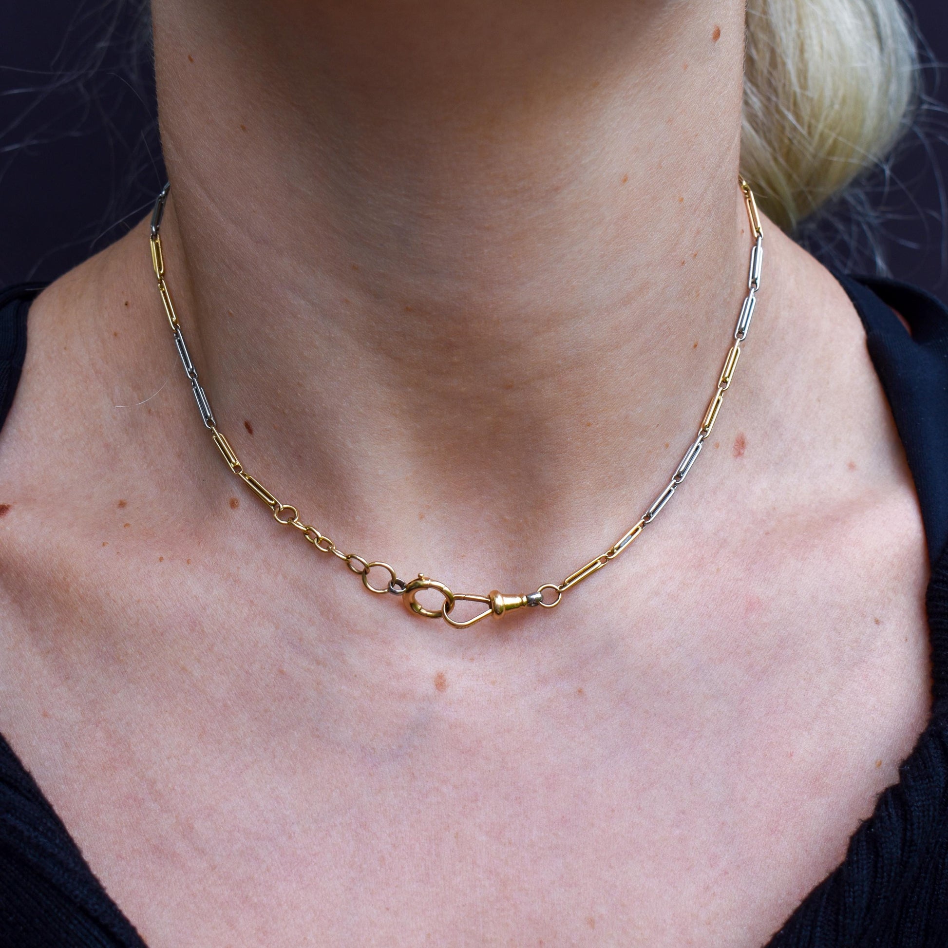 Antique 18ct Gold and Platinum Chain Necklace with Dog Clip and Bolt Ring | 15"