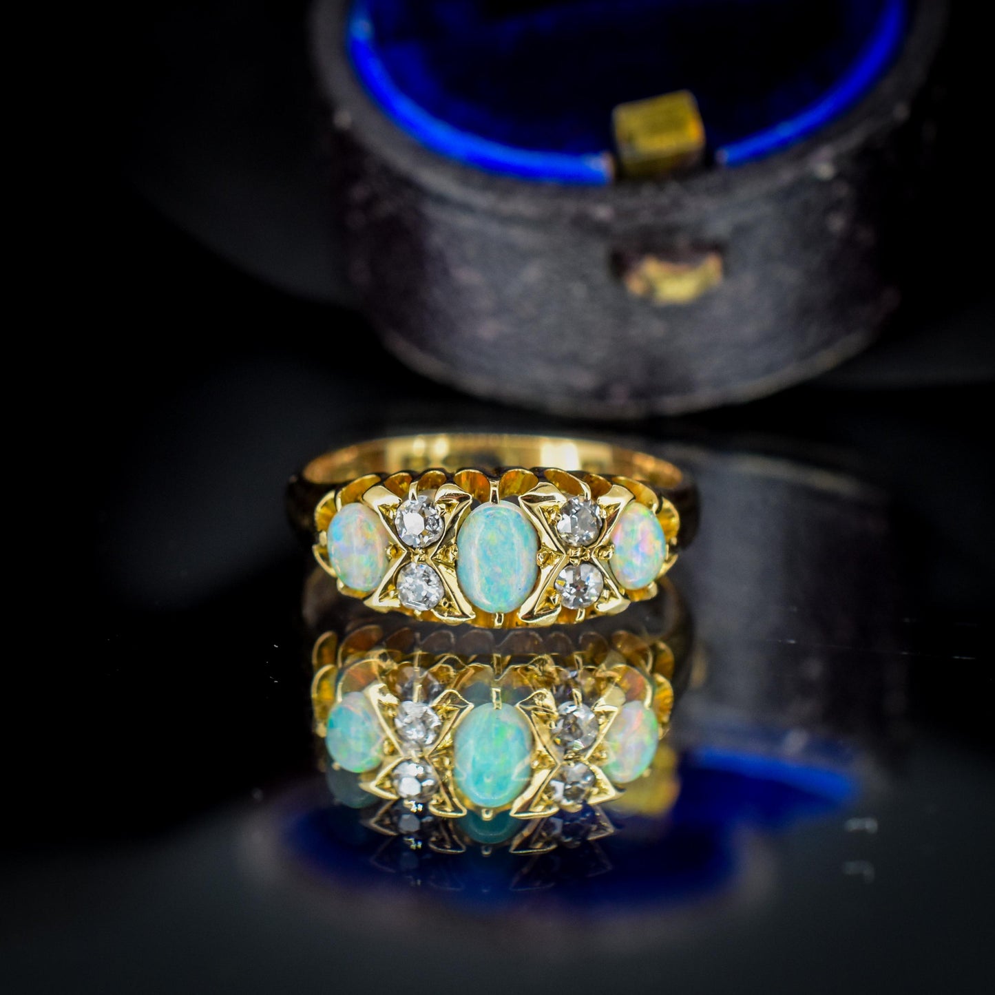 Antique Natural Opal and Diamond 18ct Yellow Gold Three Stone Ring