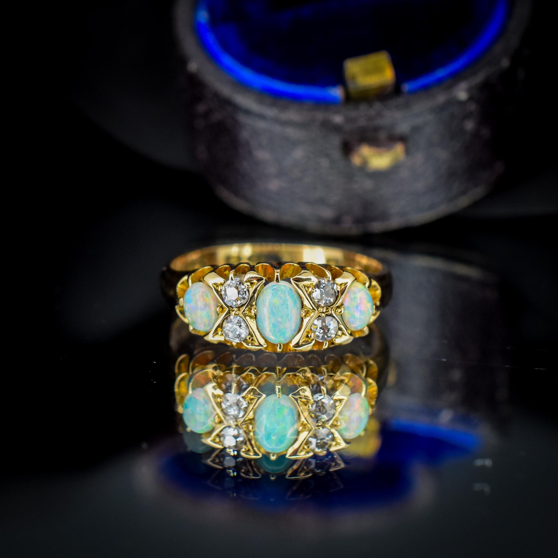 Antique Natural Opal and Diamond 18ct Yellow Gold Three Stone Ring