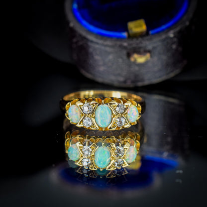 Antique Natural Opal and Diamond 18ct Yellow Gold Three Stone Ring