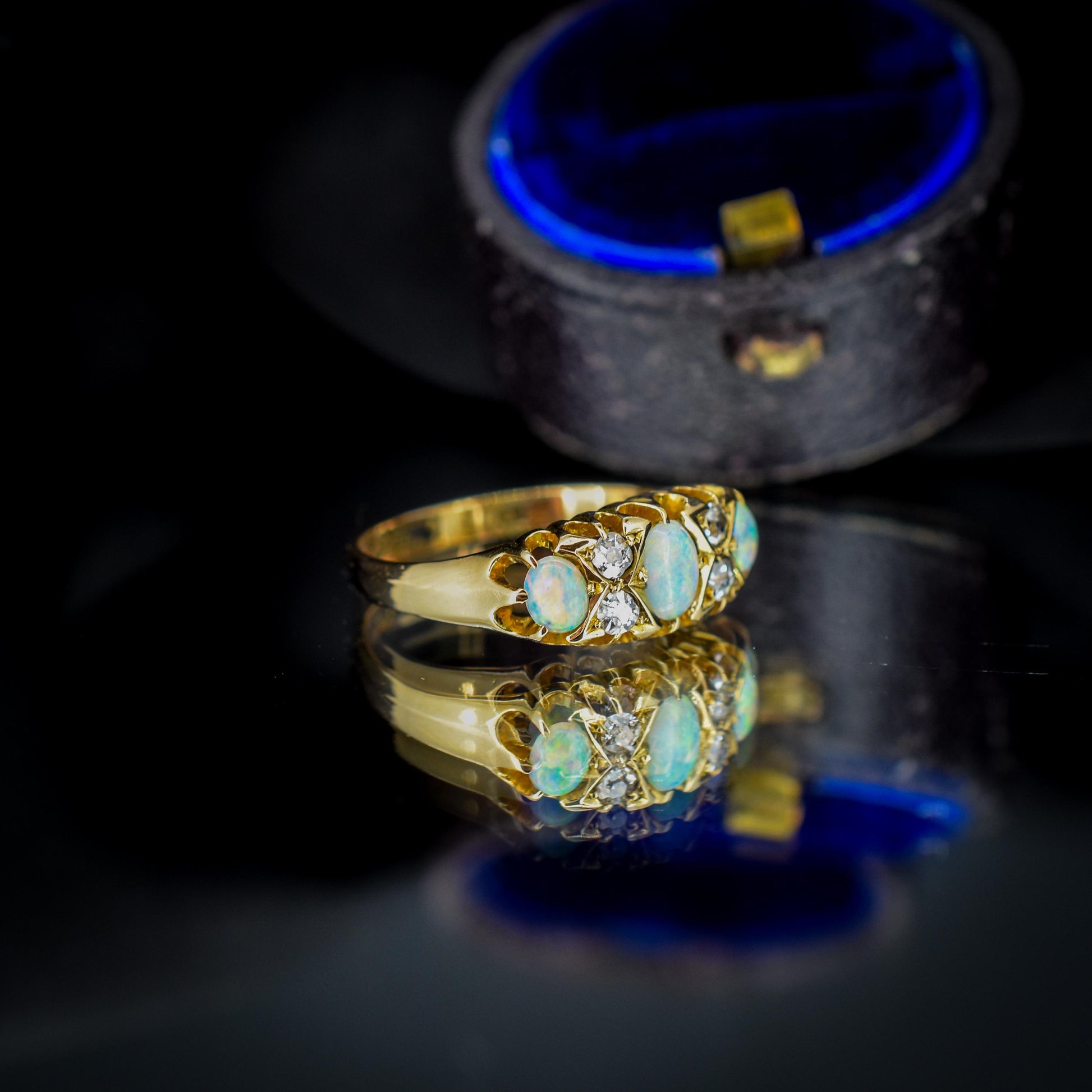Antique Natural Opal and Diamond 18ct Yellow Gold Three Stone Ring