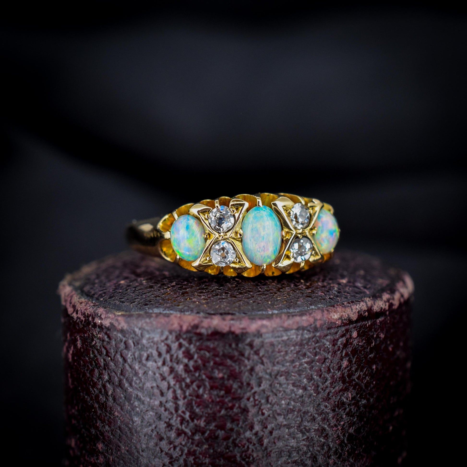 Antique Natural Opal and Diamond 18ct Yellow Gold Three Stone Ring