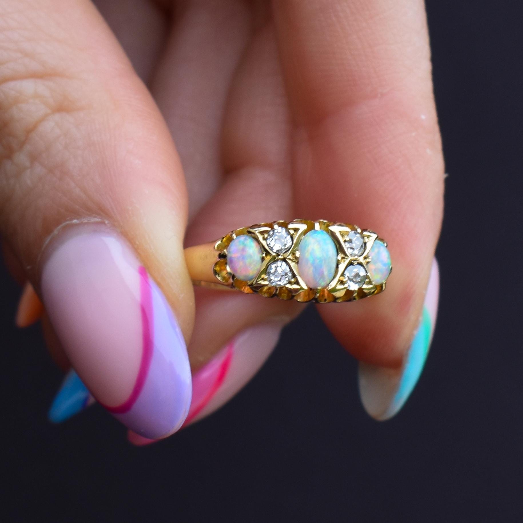 Antique Natural Opal and Diamond 18ct Yellow Gold Three Stone Ring