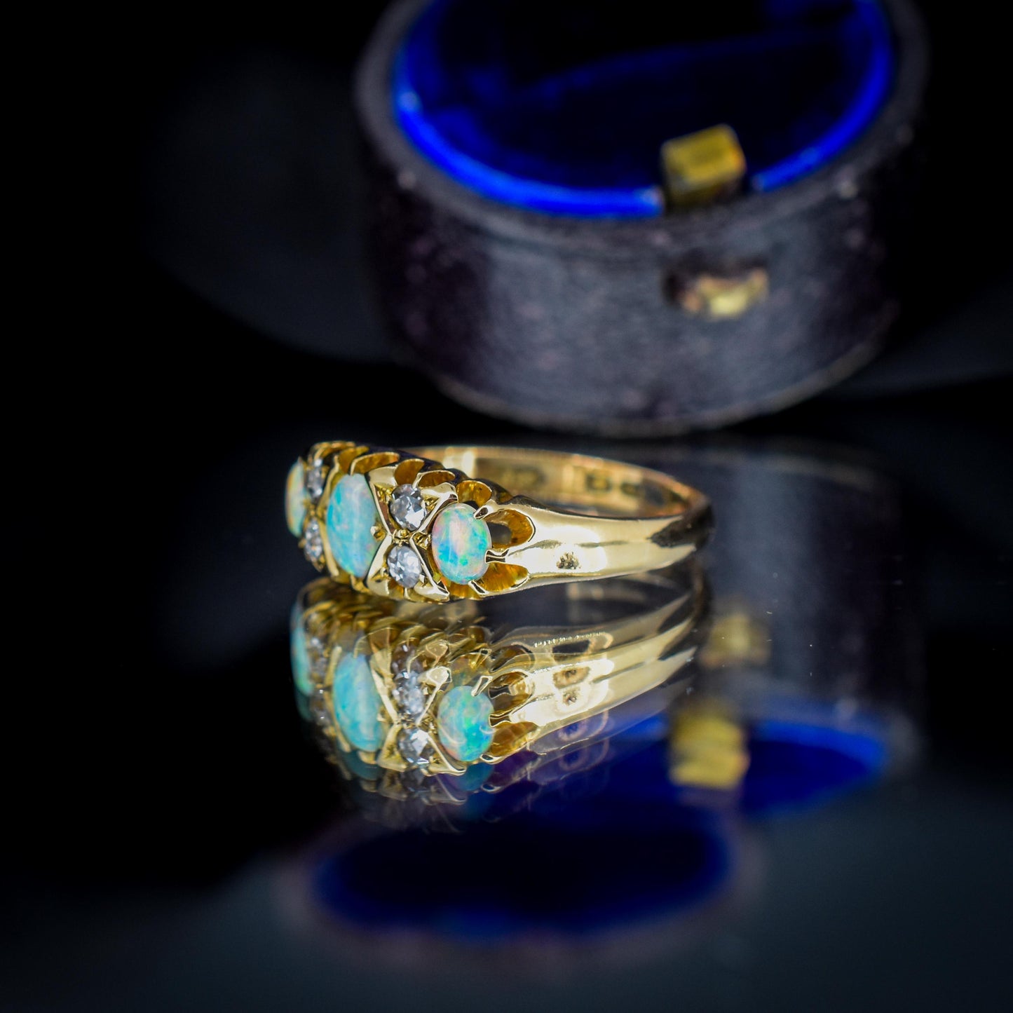 Antique Natural Opal and Diamond 18ct Yellow Gold Three Stone Ring