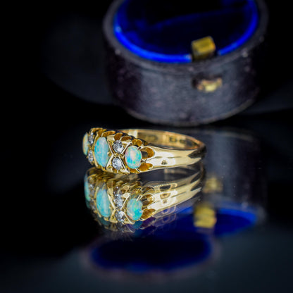 Antique Natural Opal and Diamond 18ct Yellow Gold Three Stone Ring