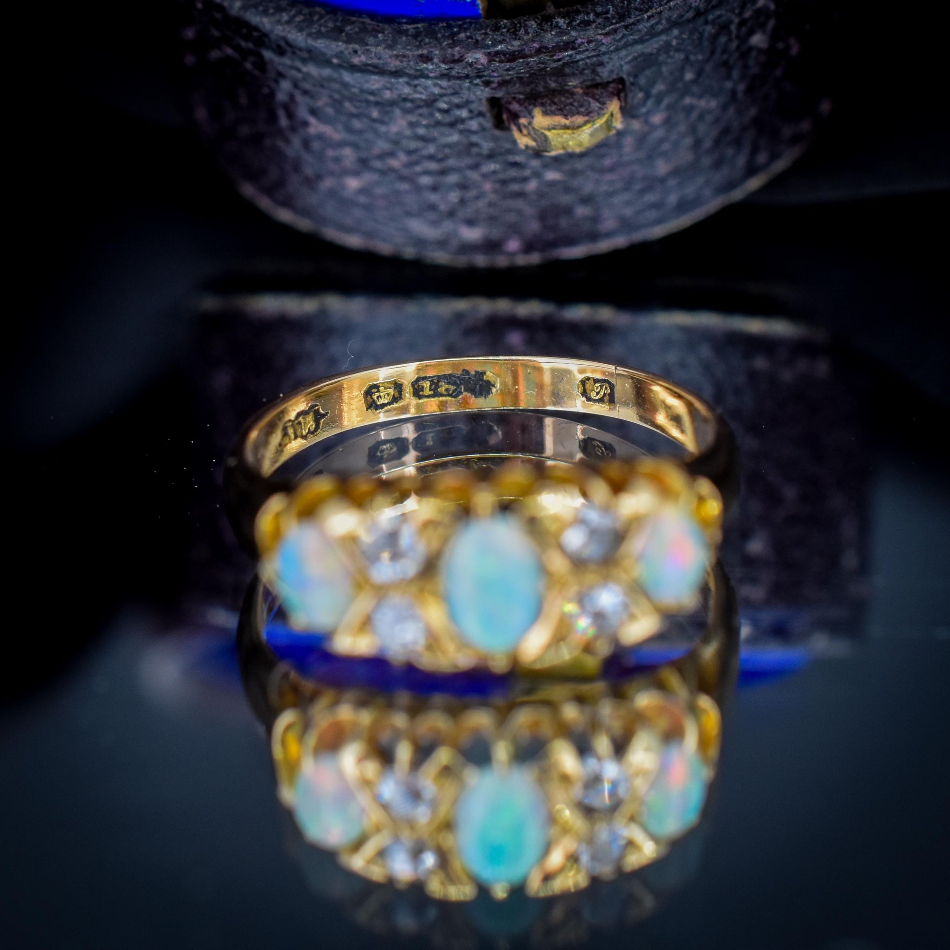 Antique Natural Opal and Diamond 18ct Yellow Gold Three Stone Ring