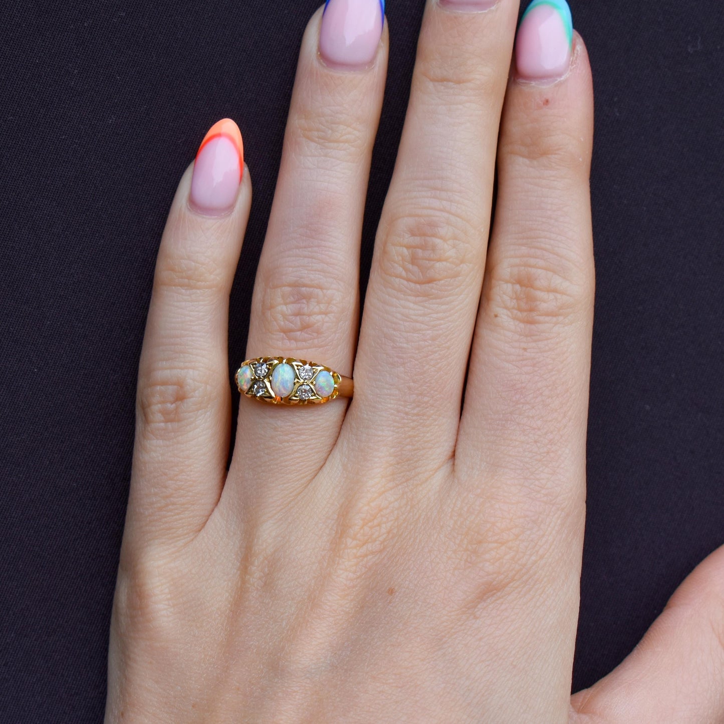 Antique Natural Opal and Diamond 18ct Yellow Gold Three Stone Ring