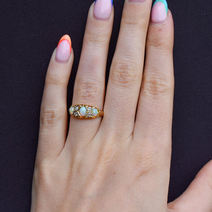 Antique Natural Opal and Diamond 18ct Yellow Gold Three Stone Ring