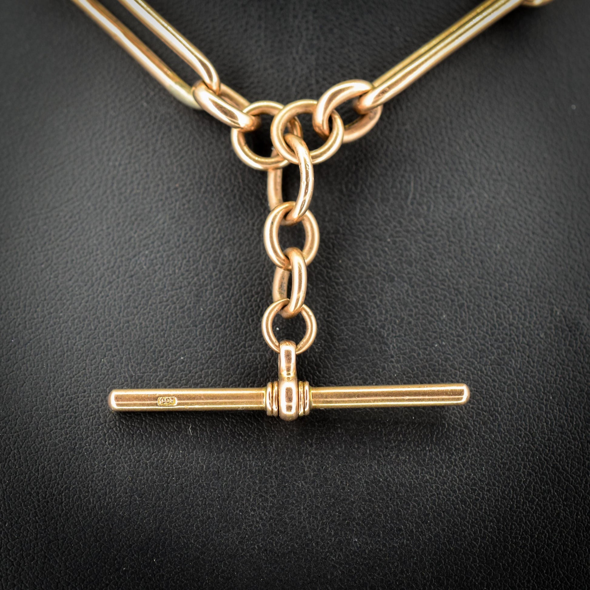 Antique 9ct Rose Gold Trombone Link Albert Chain with Dog Clips and T-Bar | 15.25" length
