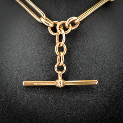 Antique 9ct Rose Gold Trombone Link Albert Chain with Dog Clips and T-Bar | 15.25" length