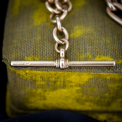 Antique 9ct Rose Gold Trombone Link Albert Chain with Dog Clips and T-Bar | 15.25" length