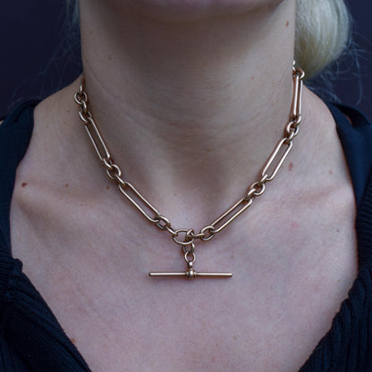 Antique 9ct Rose Gold Trombone Link Albert Chain with Dog Clips and T-Bar | 15.25" length