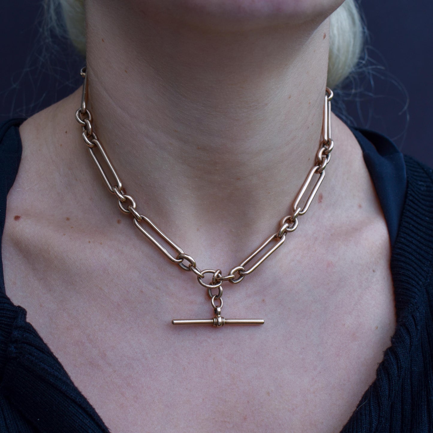 Antique 9ct Rose Gold Trombone Link Albert Chain with Dog Clips and T-Bar | 15.25" length