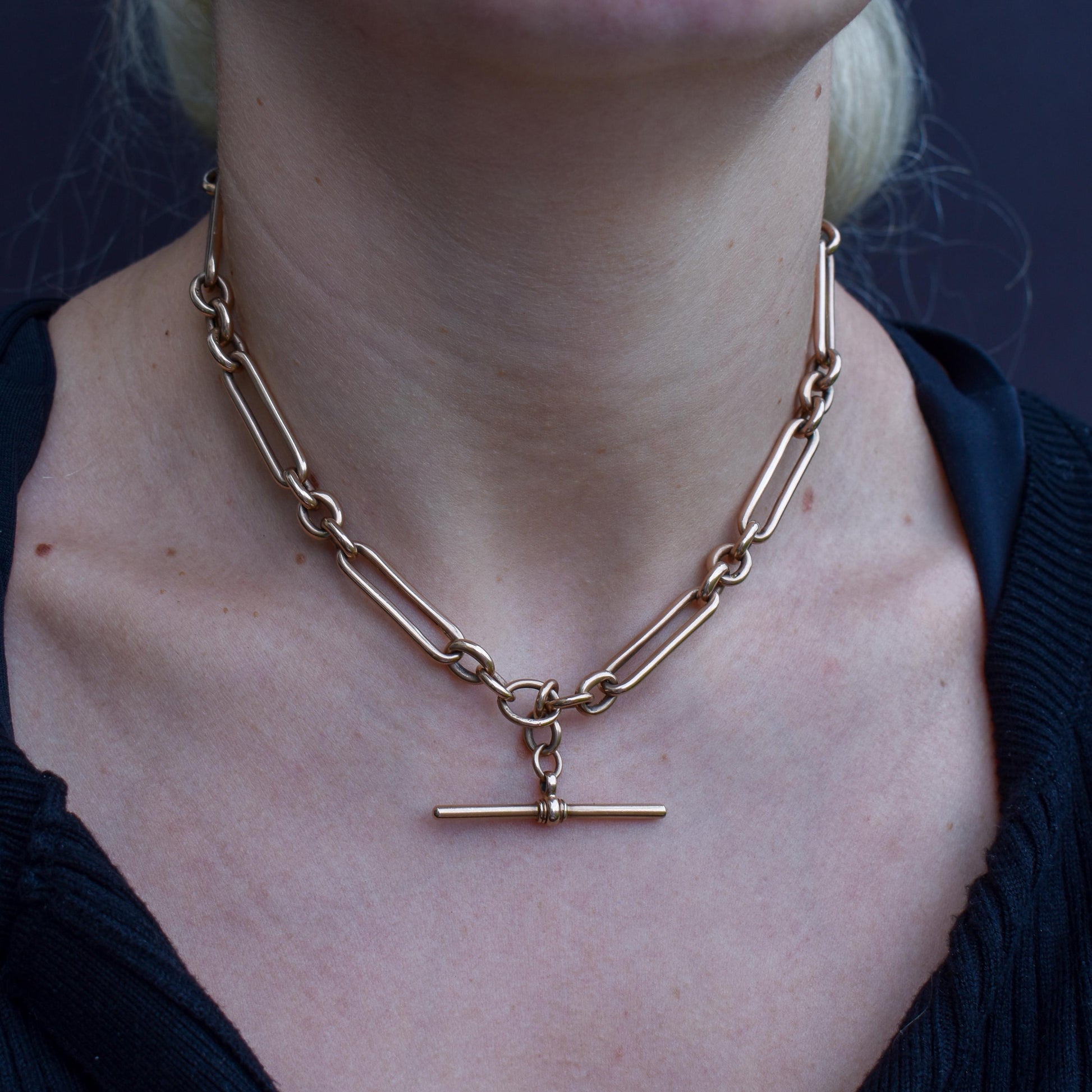 Antique 9ct Rose Gold Trombone Link Albert Chain with Dog Clips and T-Bar | 15.25" length