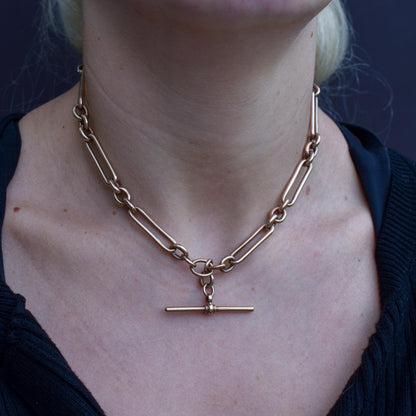 Antique 9ct Rose Gold Trombone Link Albert Chain with Dog Clips and T-Bar | 15.25" length