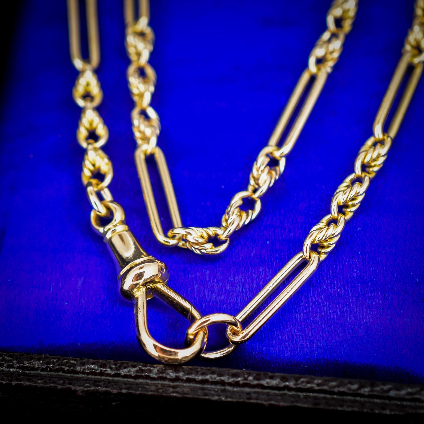 Antique 15ct Yellow Gold Trombone and Love Knot Chain Necklace with Dog Clip | 20.75"