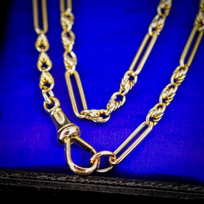 Antique 15ct Yellow Gold Trombone and Love Knot Chain Necklace with Dog Clip | 20.75"